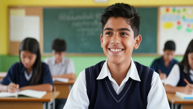 Estudiante mexicano feliz en clase moderna y brillante