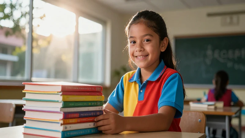 Alumno mexicano sonriente en un campus escolar vibrante