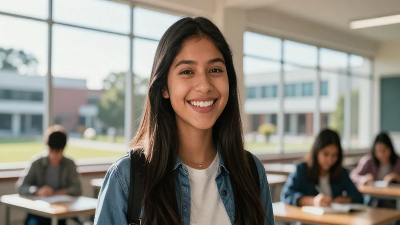 Joven mexicana sonríe en una universidad luminosa