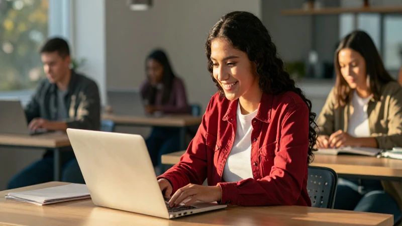Estudiante mexicano sonriendo con laptop, luz dorada