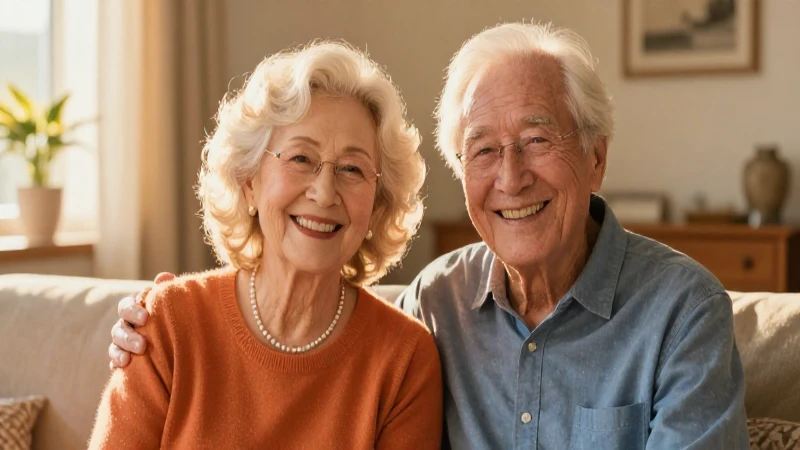 Pareja mayor sonriendo en una cálida tarde