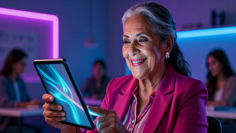 Mujer mexicana sonríe sosteniendo tablet digital moderna