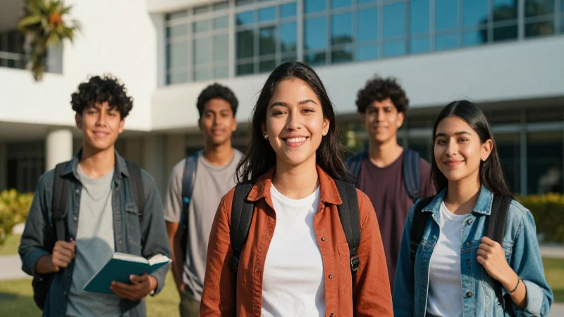 Estudiante mexicano sonriente en campus moderno