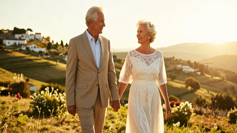 Pareja mayor elegante camina en un paisaje mediterráneo