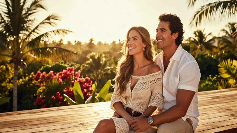 Pareja mexicana sonriente en terraza tropical