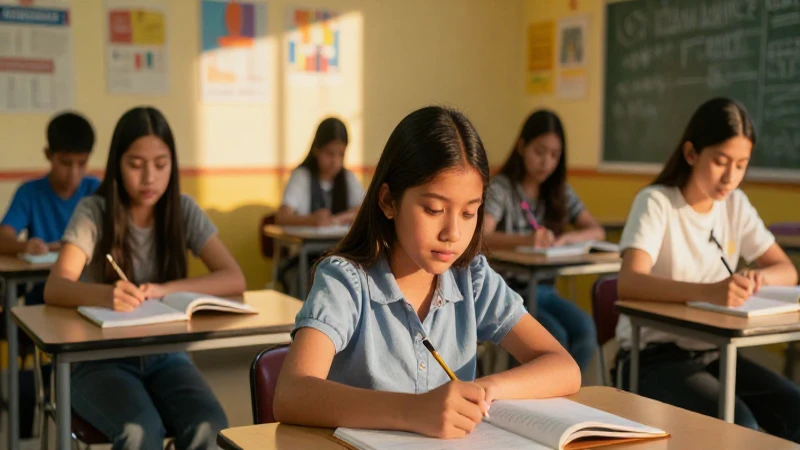 Estudiantes mexicanos en aula vibrante con luz dorada
