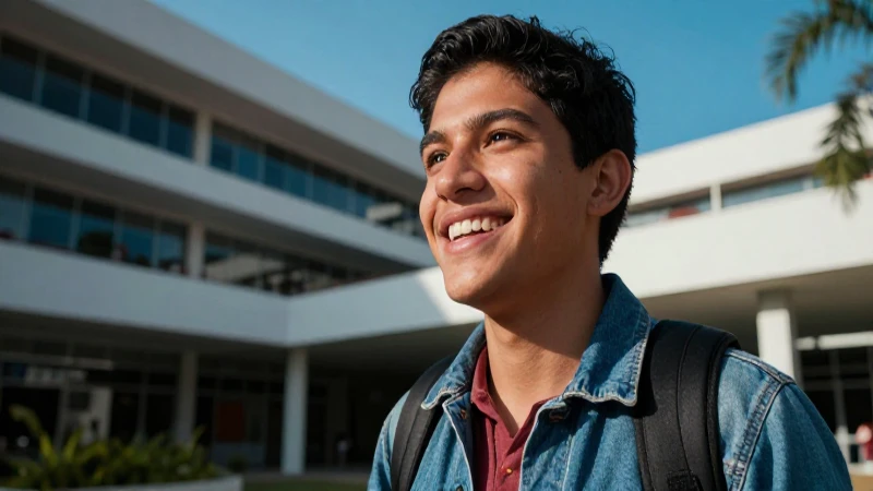 Estudiante mexicano esperanzado en campus moderno