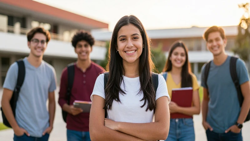 Estudiante mexicano sonriendo en campus moderno