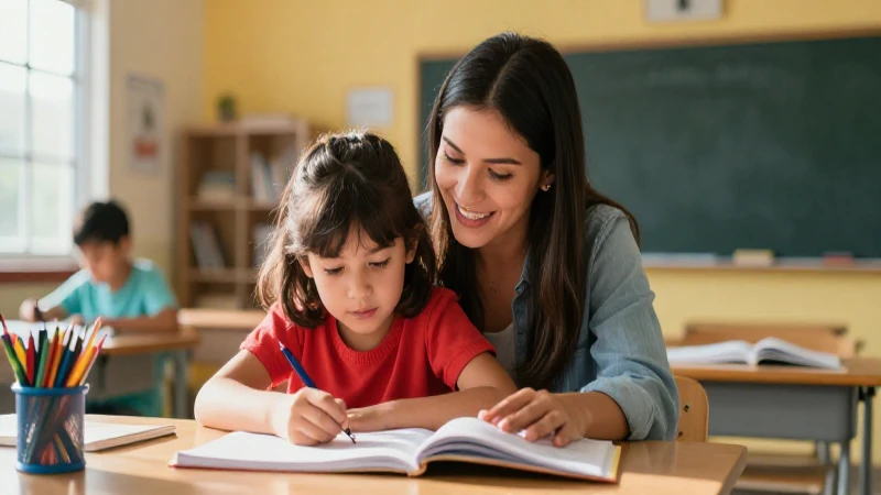 Madre mexicana sonríendo ayuda a su hijo estudiar