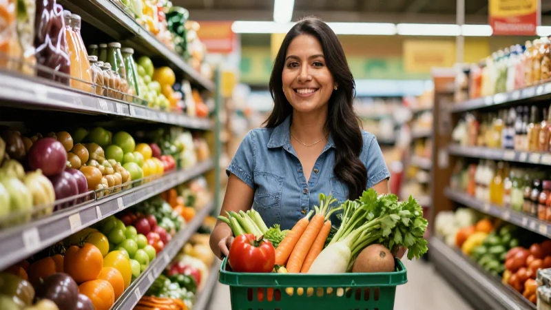Mujer mexicana sonríendo con productos frescos