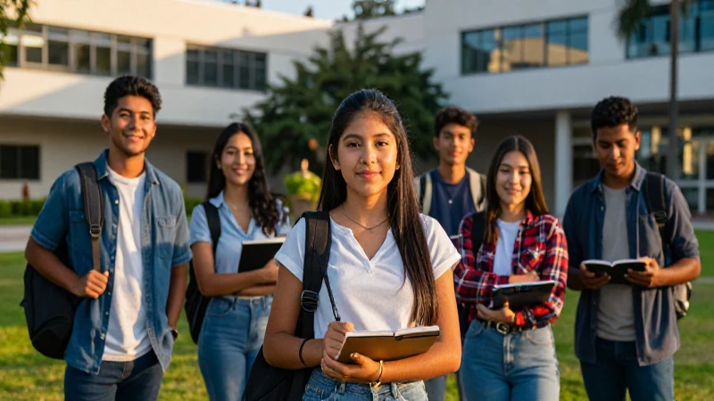 Estudiantes mexicanos en campus con luz dorada