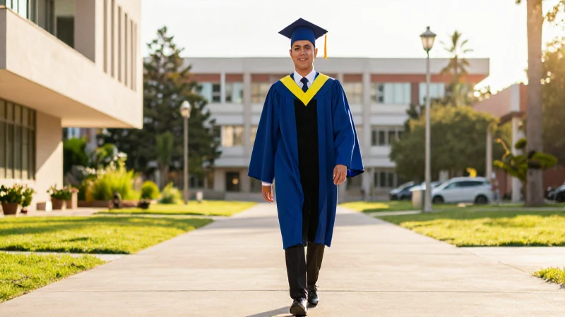 Graduado mexicano en campus al atardecer
