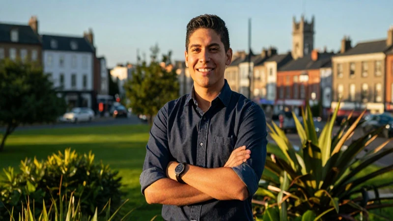 Joven profesional mexicano en paisaje irlandés