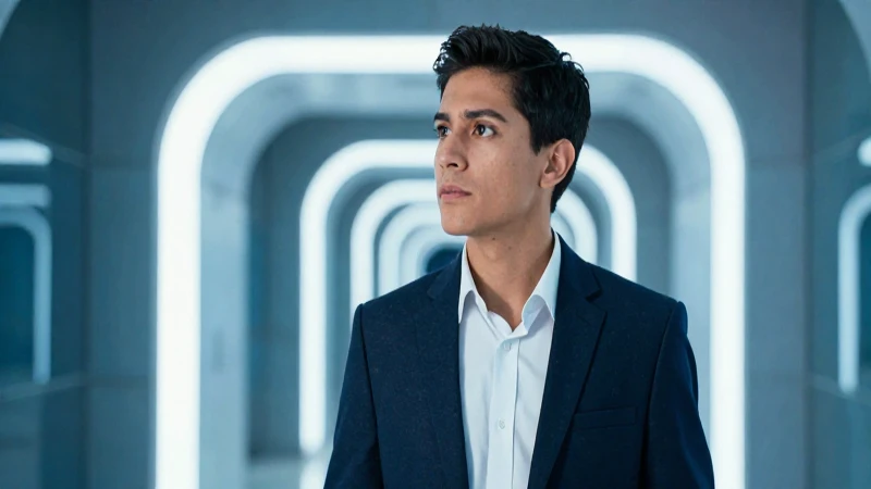 Joven profesional mexicano en pasillo futurista