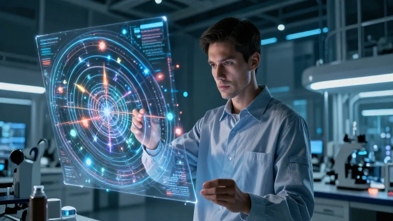 Ingeniero en laboratorio futurista con mapas holográficos