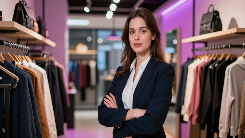 Joven profesional vibrante en tienda de lujo