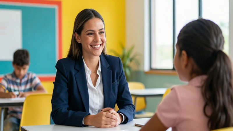 Profesora sonríee a feliz estudiante mexicano