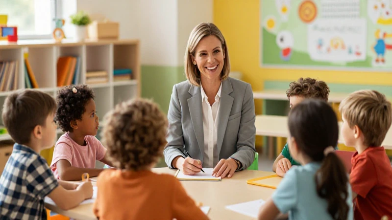 Maestra profesional sonríe a niños en clase colorida