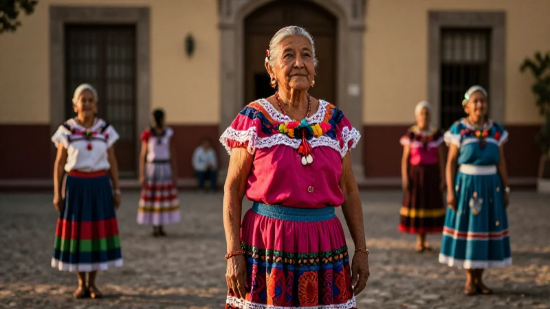 Abuela mexicana vibrante al atardecer