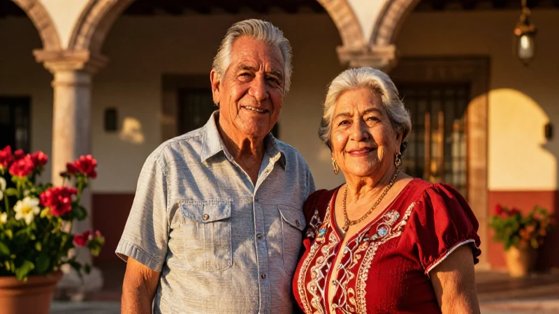 Pareja mayor mexicana sonríe en un patio soleado