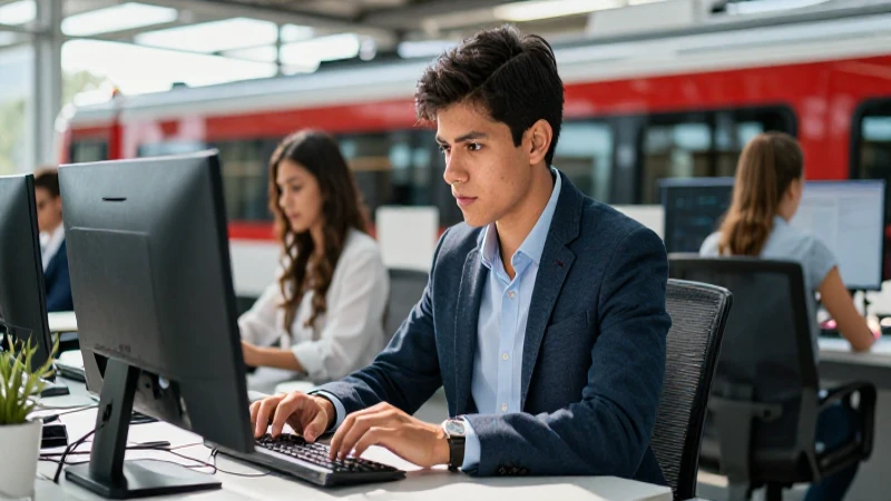 Joven mexicana en oficina moderna enfocada digitalmente