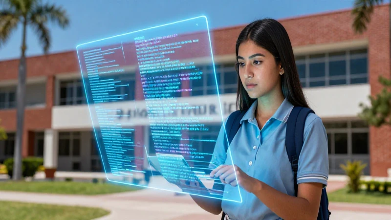 Estudiante mexicano con holograma en campus moderno