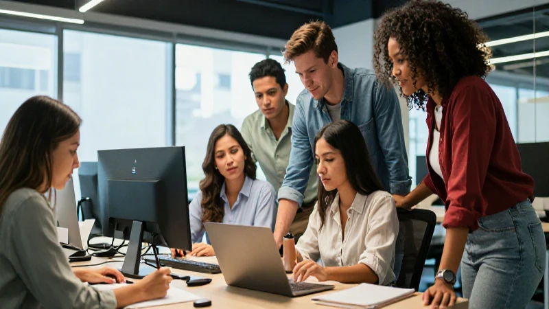 Jóvenes profesionales mexicanos colaborando en una startup moderna