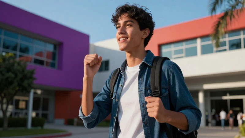 Estudiante mexicano exitoso en campus moderno