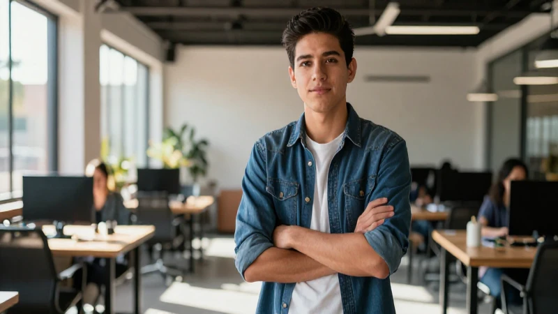 Joven estudiante mexicano en coworking iluminado