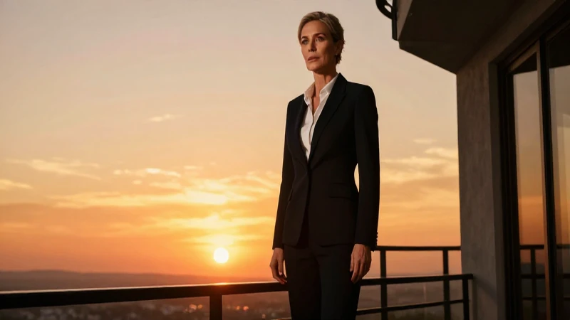 Profesional en balcón al atardecer con estilo cinemático