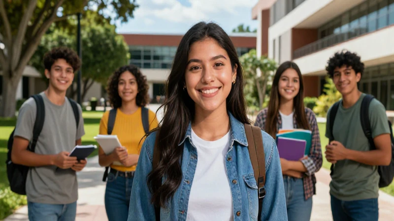 Estudiante mexicano sonriendo en campus universitario moderno