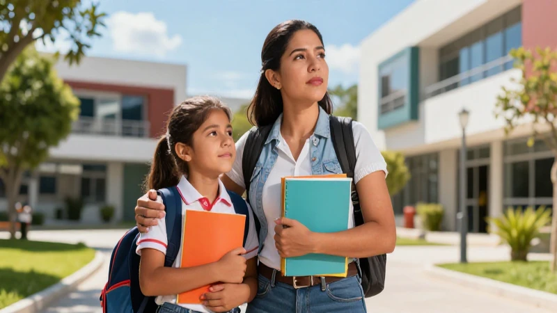 Madre mexicana con hija en campus moderno