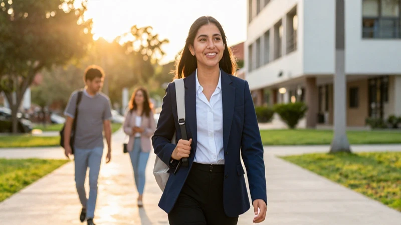 Estudiante mexicano profesional en campus al atardecer