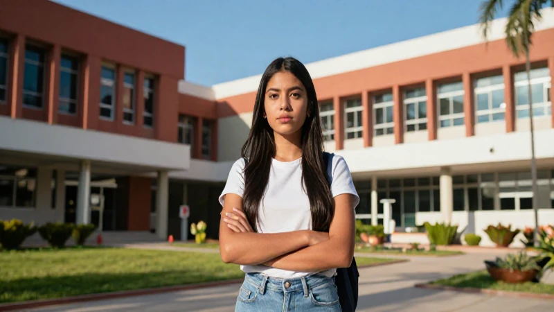 Estudiante mexicana decidida en campus moderno