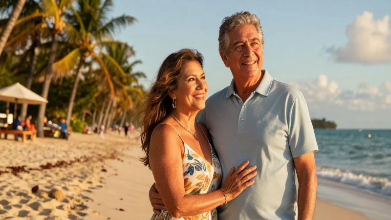 Pareja de jubilados mexicanos en playa al atardecer