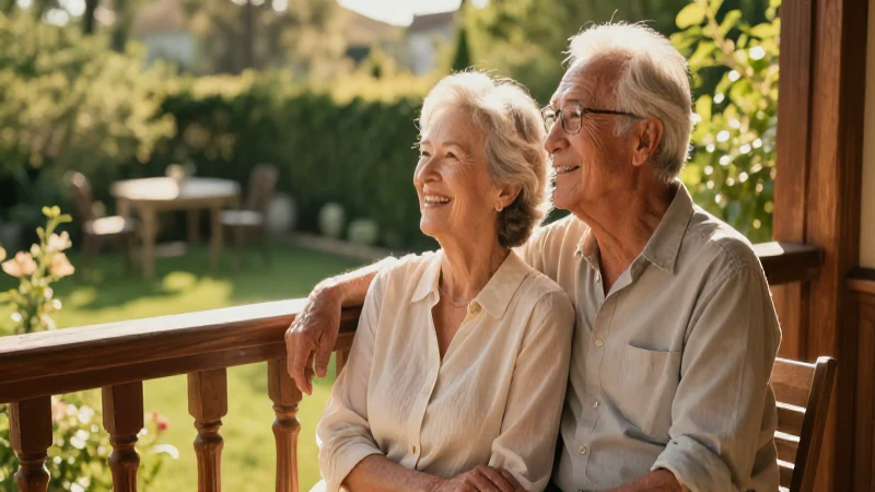 Ancianos felices en balcón de jardín