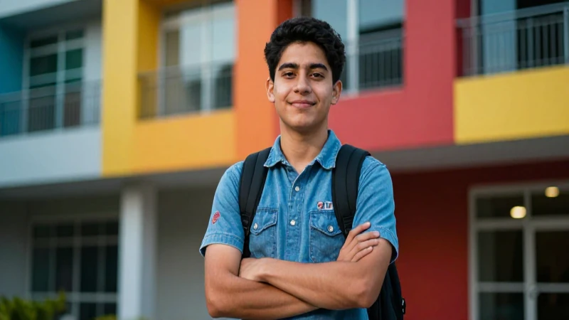Estudiante universitario mexicano exitoso en un campus vibrante
