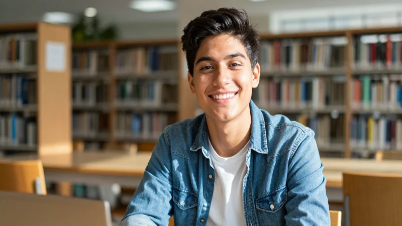 Estudiante mexicano sonriente en moderna biblioteca universitaria