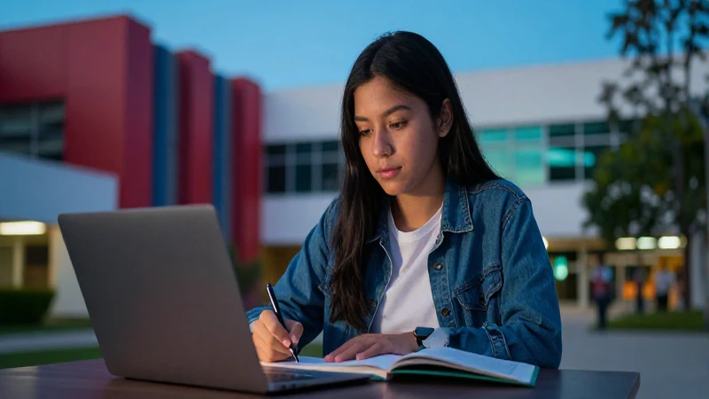 Estudiante mexicano estudiando en campus universitario moderno