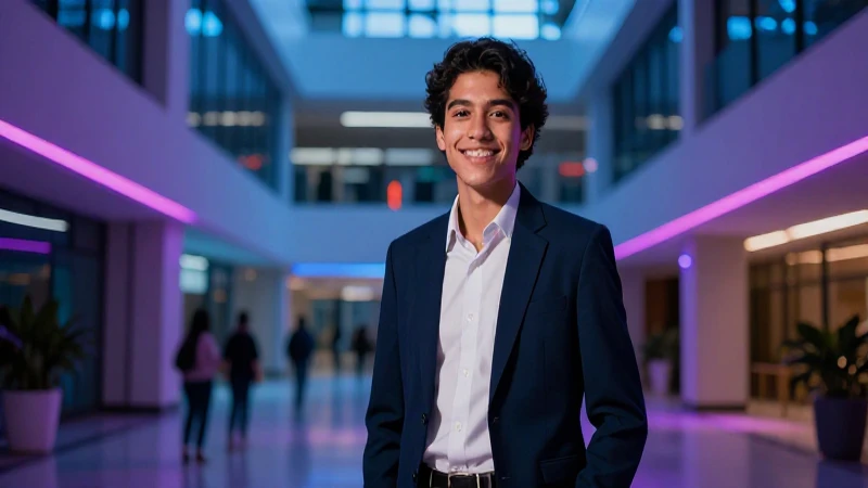 Estudiante mexicano exitoso en campus moderno