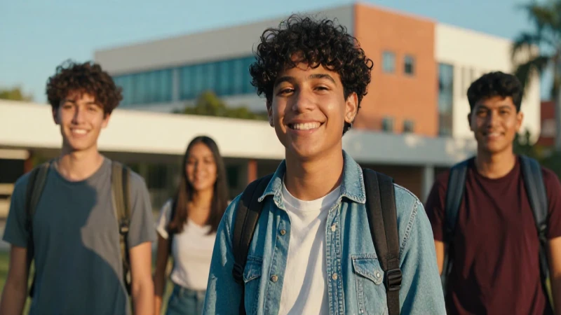 Joven sonriendo en universidad con luz dorada