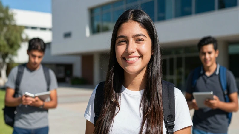 Estudiante mexicano sonríe en campus moderno bajo luz cinematográfica