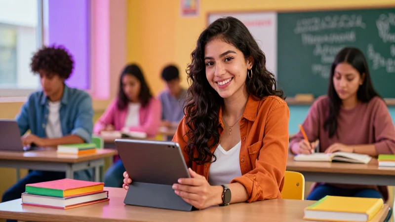 Joven mexicana sonríe en aula moderna