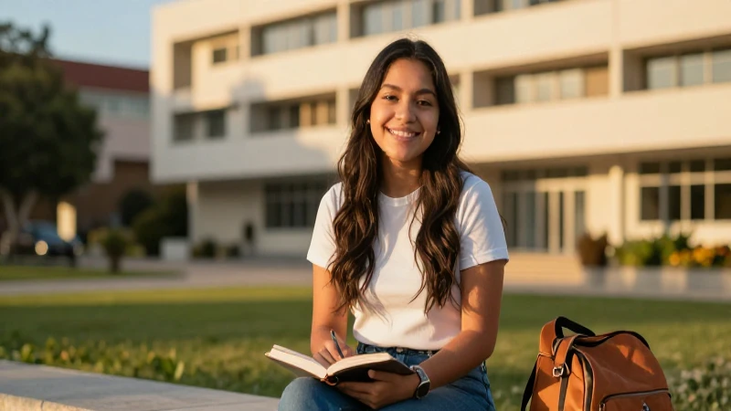 Estudiante mexicano sonriente en moderno campus