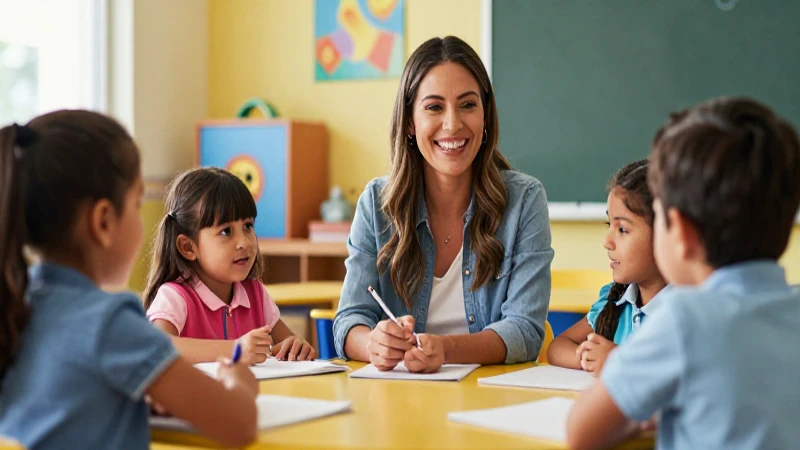 Maestra sonriente guía a niños mexicanos felices