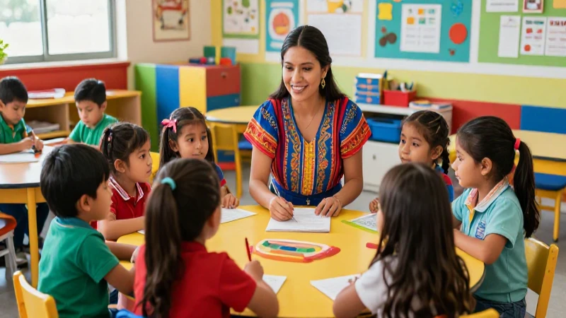 Maestra guía a niños felices en aula mexicana