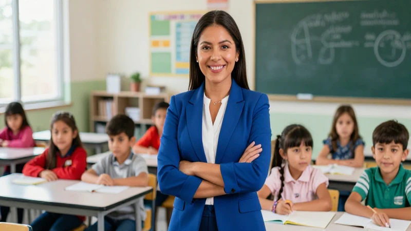 Maestra sonriente guía a estudiantes mexicanos alegres