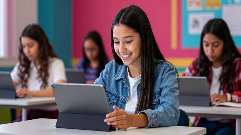 Estudiante mexicano sonriente usando tecnología moderna