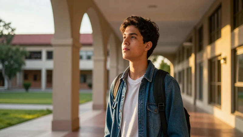 Joven mexicano en campus, luz dorada, atmósfera aspiracional