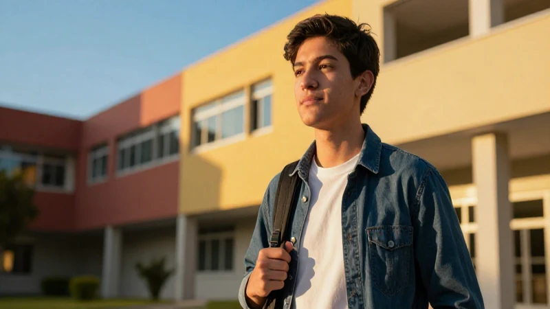 Estudiante mexicano exitoso en campus moderno
